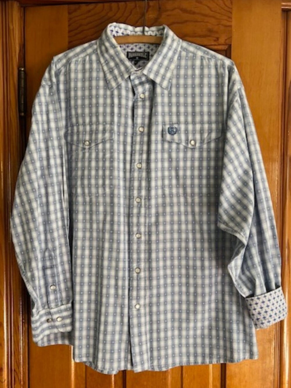 Panhandle Western Pearl Snap  Light BLU Plaid  Shirt Men's XLT